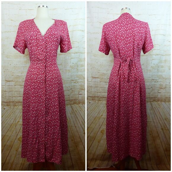 Saks Fifth Avenue Dress Womens US 12 Red Ditsy Floral Button Midi Viscose Boho - Picture 4 of 11